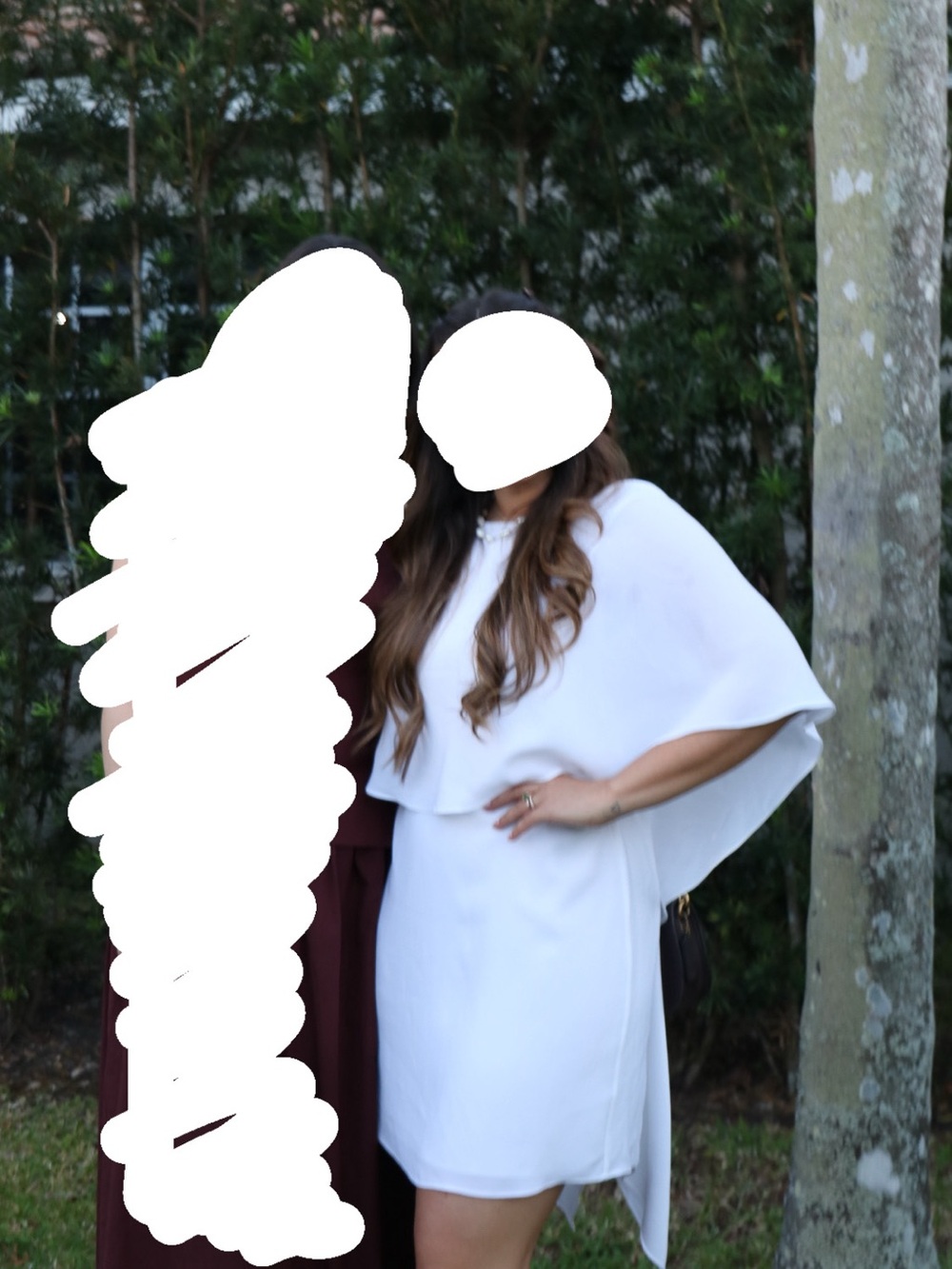 BCBG White Asymmetrical Cape-Sleeve Dress